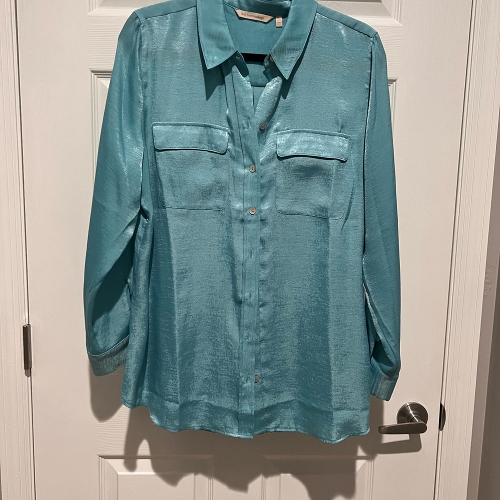 Soft Surroundings Turquoise Long Sleeve Collar Blouse